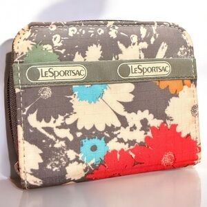 LeSportsac Chroma Flower Floral Print Wallet with Red & Blue Accents 4.25”x 3.5”